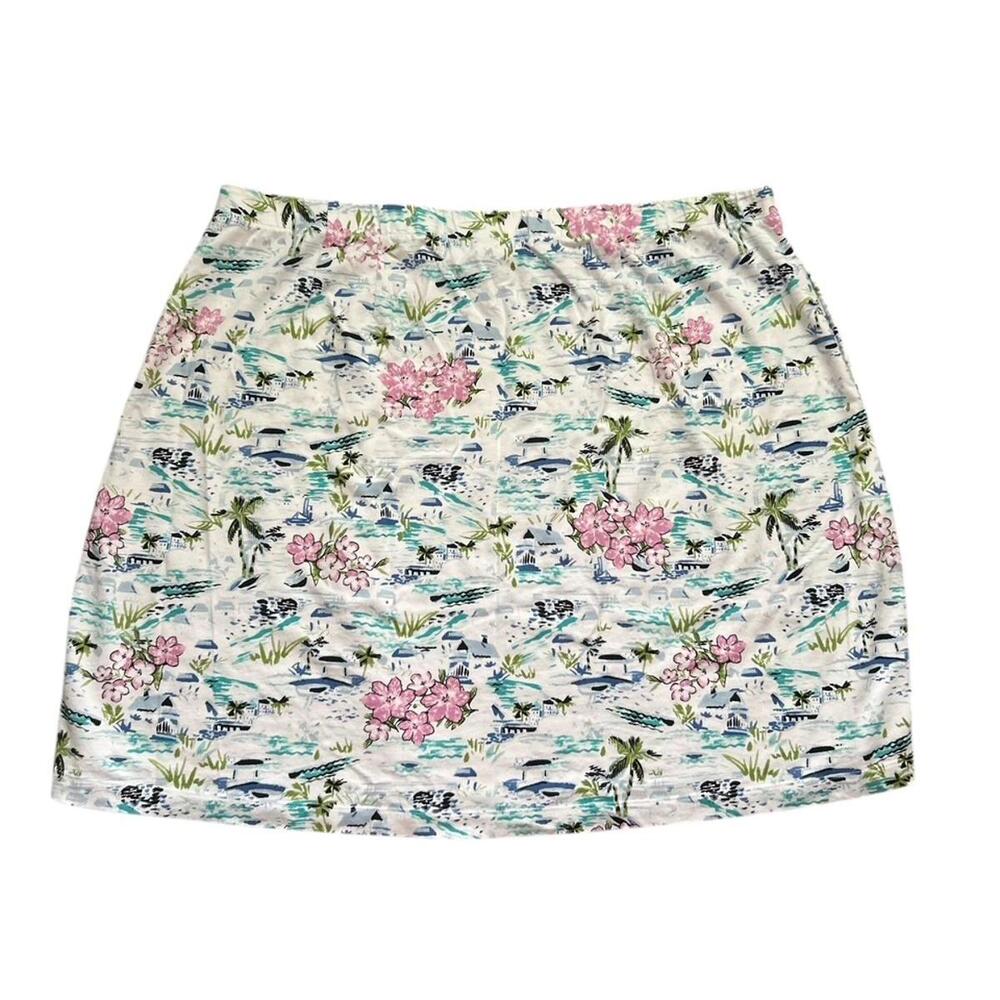 J. Jill Tropical Toile Palm Tree Print Short Knit Skirt Size 3X Pockets Resort